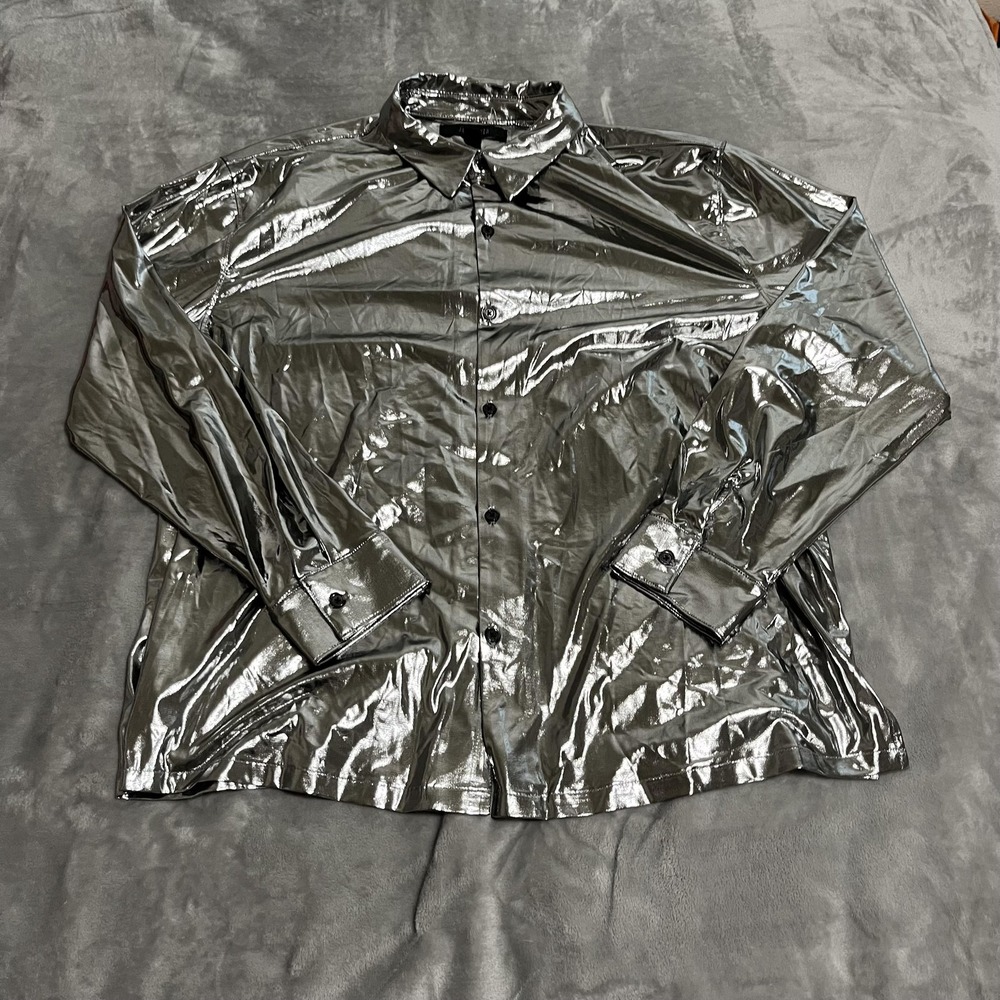 Jaywalker Shirt Mens XL Silver Metallic Shiny Button Up Long Sleeve Rock Party